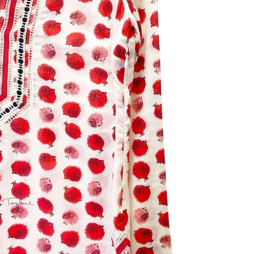 Tory Burch Tory Tunic in Tapioca Hedgehog Cotton Cream & Red Print Size 0 RARE